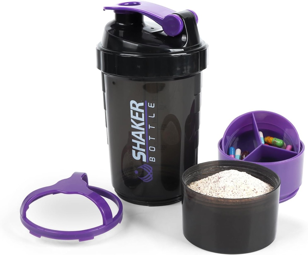 Shaker Lahvička - protein Shaker Cup s úložnými prostory - Leak- proof Workout Shake Lahvičky se směsí pro hladké míchání -500ML / 16oz (PURPLE & BLACK)