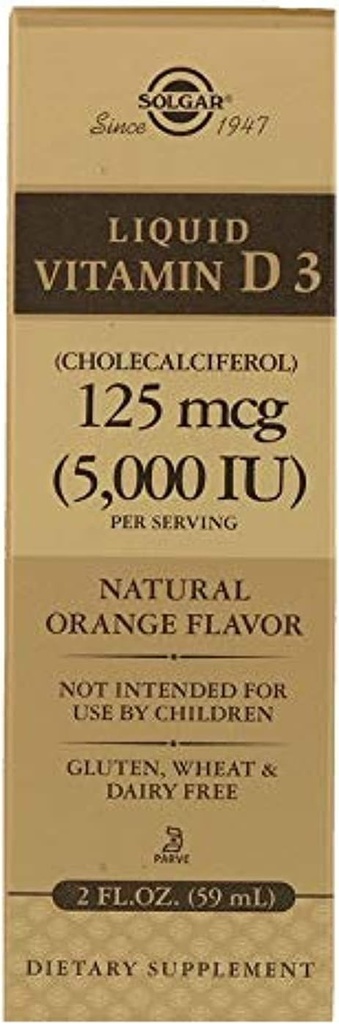 Solgar Liquid Vitamin D3 125 mcg (5 000 IU) - 2 fl oz - Delicious, Natural Orange Flavor - Pomáhá udržovat zdravé kosti a zuby - Podpora imunitního systému - Gluten Free, Dairy Free, Kosher - 59 Služení