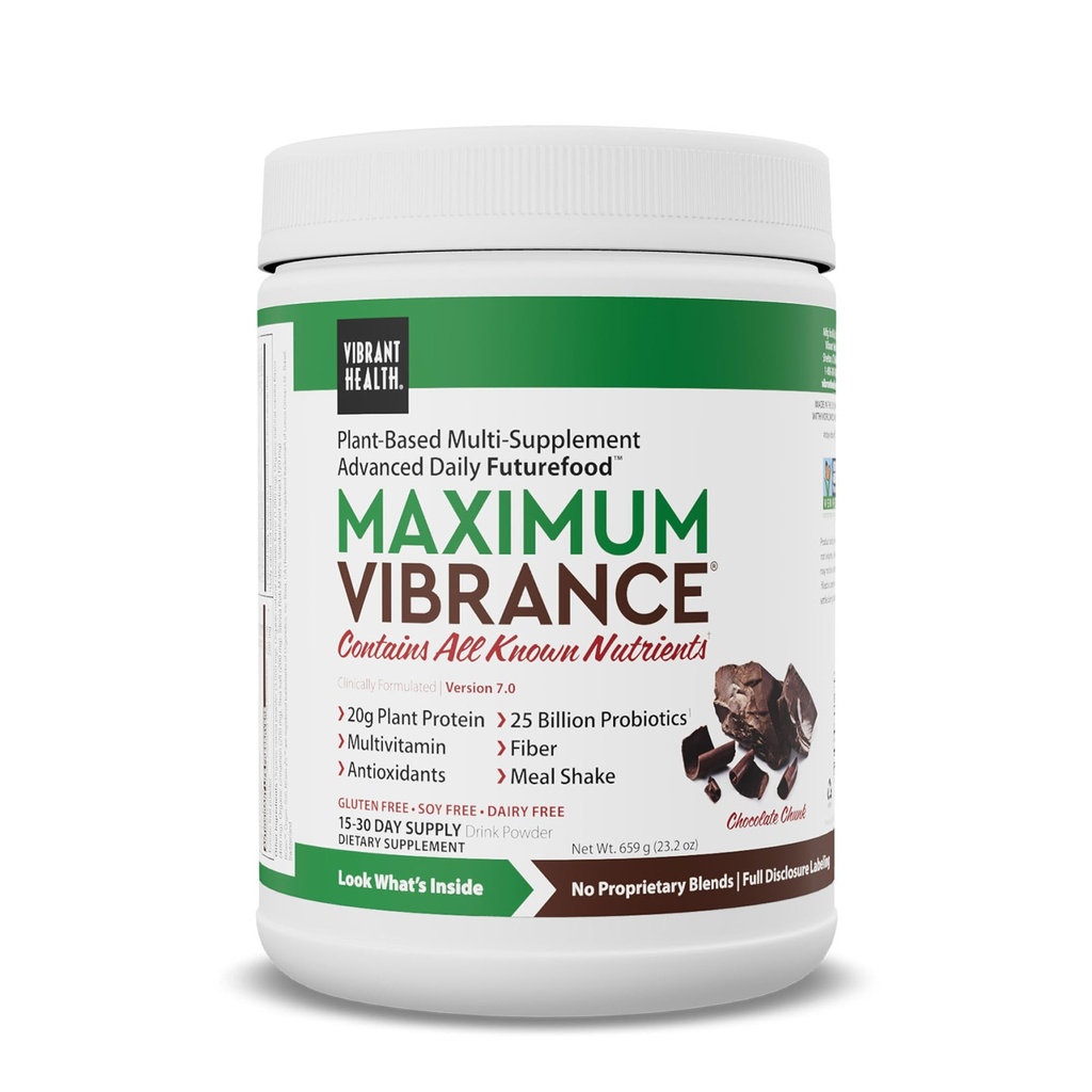 Vibrační zdraví, Maximální vibrace, Kompletní Vegan Strava Shake s Plant- Based Protein, Chocolate Chunk, 15 Služeb