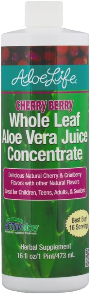 Aloe Life - All Leaf Aloe Vera Juice, Certified Organic, Gluten- Free (Cherry Berry, 16 oz)