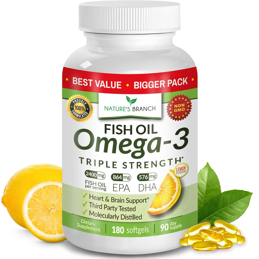 Nejlepší Triple Strength Omega 3 Fish Oil Pills - 180 Kapsle - 2400mg High Potency Burless Lemon Flavor 864mg EPA 576mg DHA Ultra čisté tekuté Softgely pro Brain Joints Eyes Heart Health Dodatek
