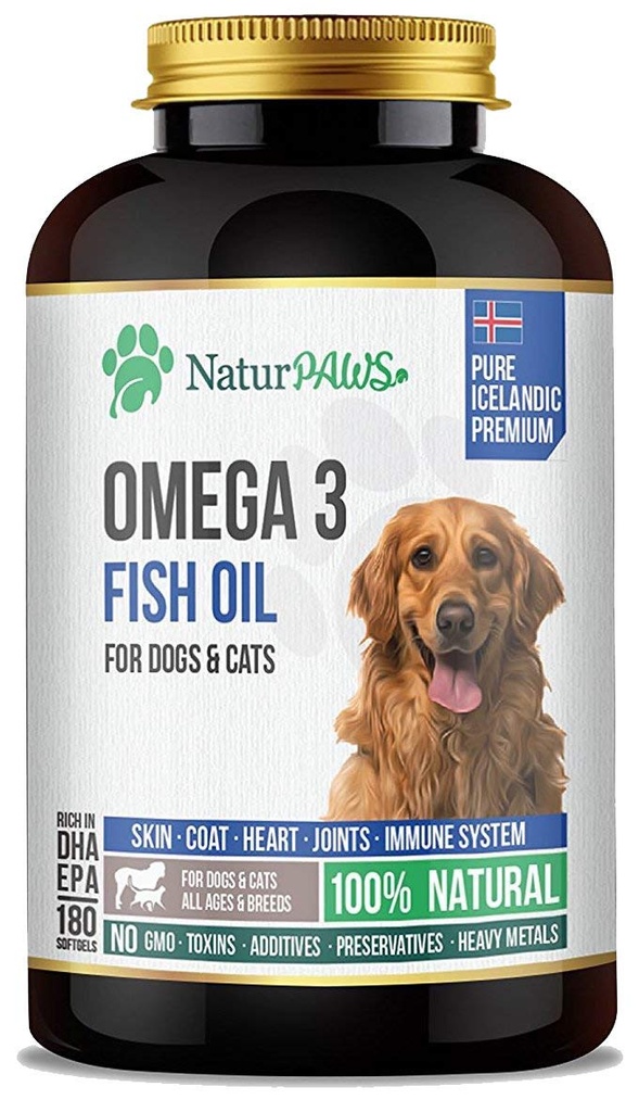 Omega 3 Rybí olej dodatek pro psy a kočky - 1000 mg čisté DHA a EPA Omegas - Podporuje zdravý plášť a kůži, srdce, imunitní systém, klouby a hip - 180 softgels