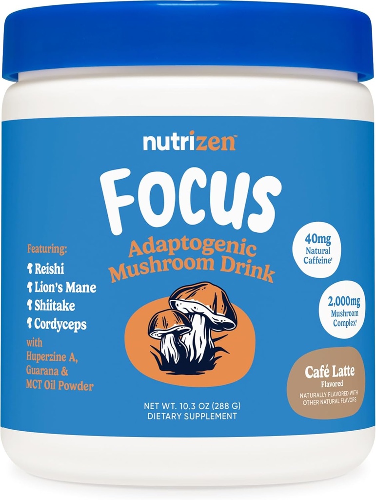 Nutricost Nutricost Nutricenzen AM Focus Adaptogenic Houbový nápoj (Cafe Latte ochucený) 30 Servings - zahrnuje Reishi, Lion 's Mane, Shiitake, Cordyceps