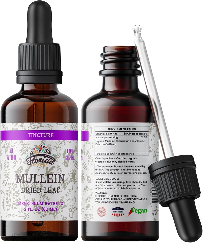 Mullein Tincture Extract, Organic Mullein (Verbascum densiflorum) Sušený list bylinný dodatek v Cold- Pressed Zeleninové glycerin 670 mg