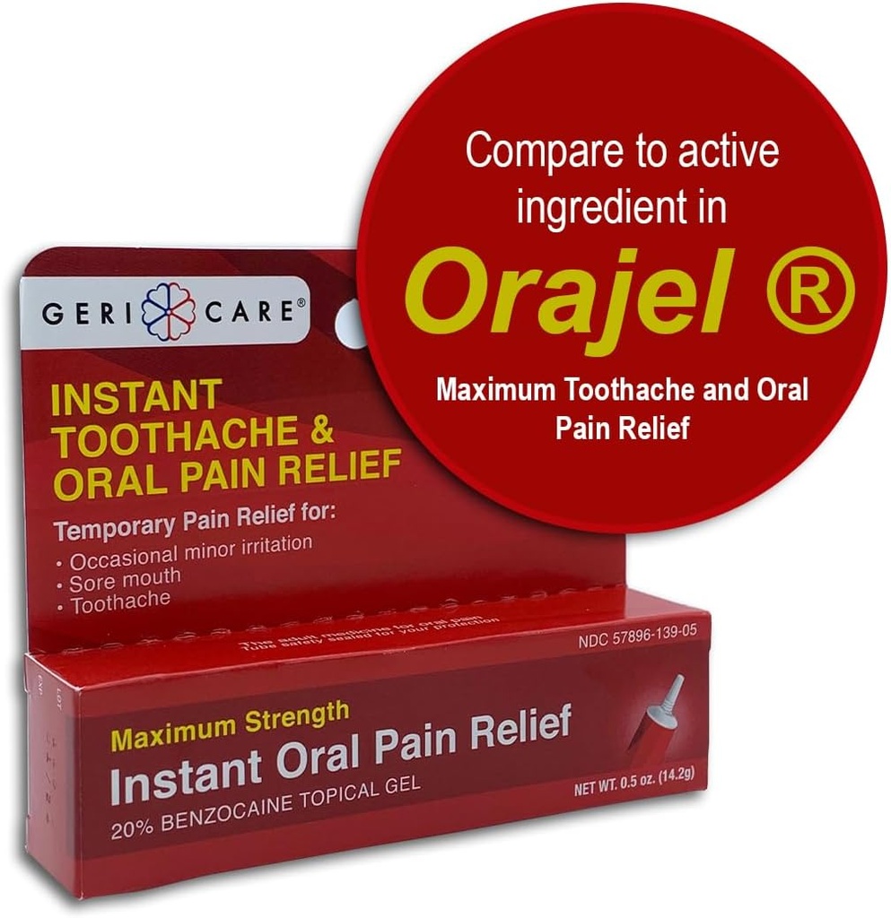 GeriCare Benzokain 20% Maximální síla Toothache & Oral Instant Pain Relief Gel 0, 5 oz. Fast- acting Numbing Pain Treatment for Toothaches, Gum Irritation, Citlivost & Mouth Sores, (Balení 1)