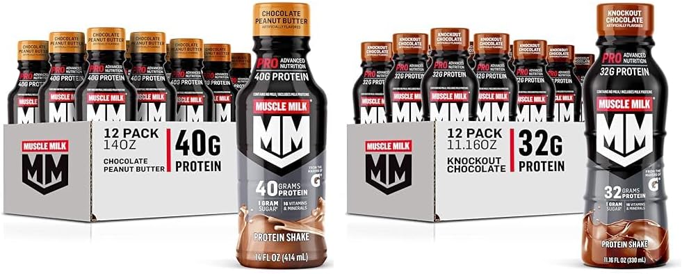 Muscle Milk Pro Series Chocolate Butter Protein Shake 40g Protein Pack of 12 & Pro Advanced Nutrition Knockout Chocolate Protein Shake 32g Protein Pack of 12
