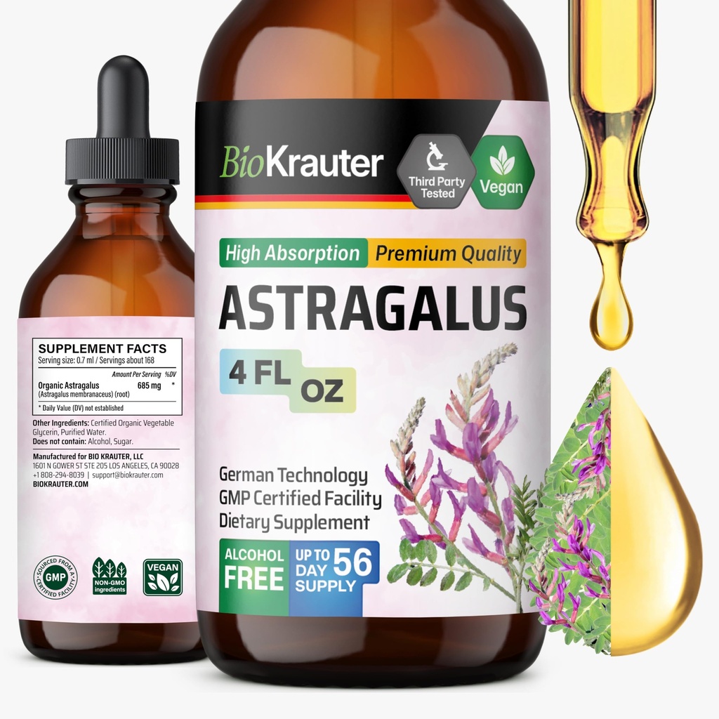 BIO KRAUTER Astragalus Tincture - Astragalus Root Extract for Imunitary Support - Alkohol and Sugar Free - High Absorption - Vegan Drops 4 Fl.Oz.
