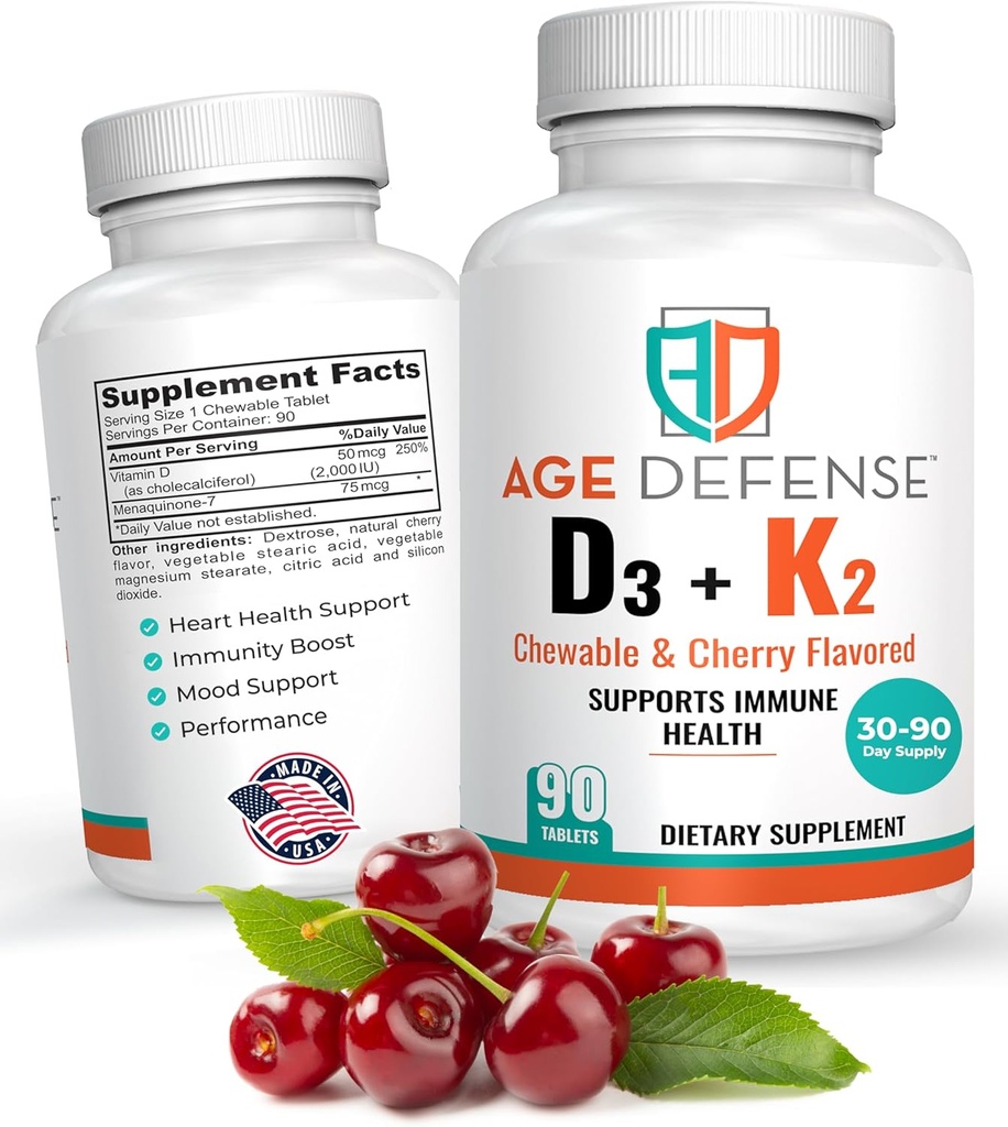 Vitamin D3 2000 IU s K2- 90 žvýkací tablety s třešňovou Flavoring- Natural Energy Booster- Podporuje Vitalitu, imunitní zdraví, & Celkově Wellness- Vitamin D3 s vitamínem K2 pro muže a ženy
