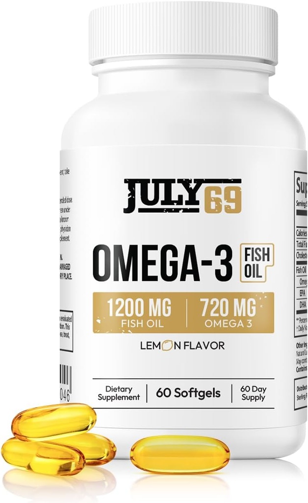 Omega 3 Rybí olej - 1200 MG Rybí olej, 720 MG Omega 3, Lemon Flavor, 60 Softgels, Přírodní EPA-DHA Softgels pro sílu a zdraví, vysoká účinnost, podpora žen a mužů