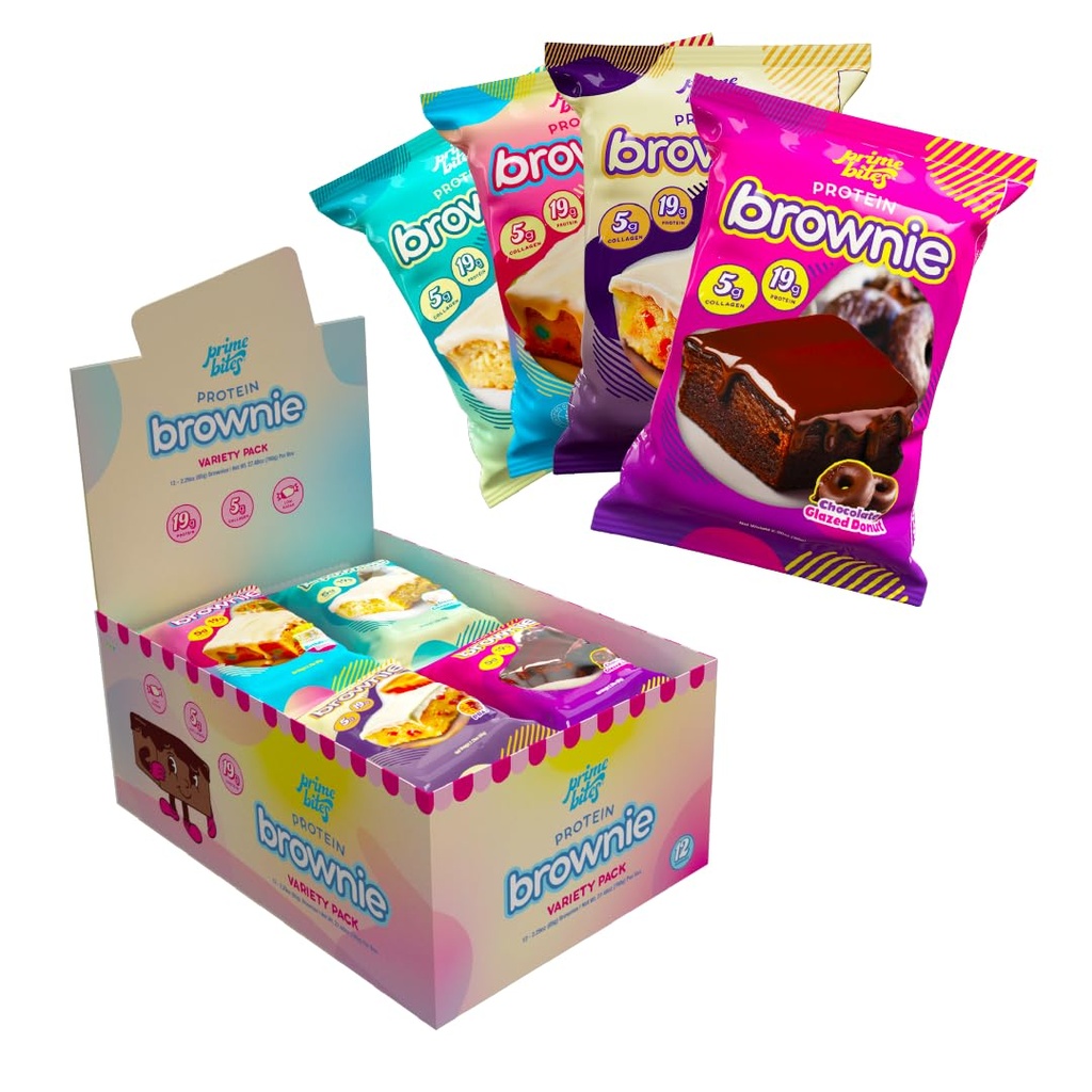 Prime Bites Protein Brownie z Alpha Prime doplňky 124; Vysoký protein, Kolagen obohacený nízkým obsahem cukru Treat 124; Delicious Snack Gul124; 12 Bary na krabici (Variety Pack)