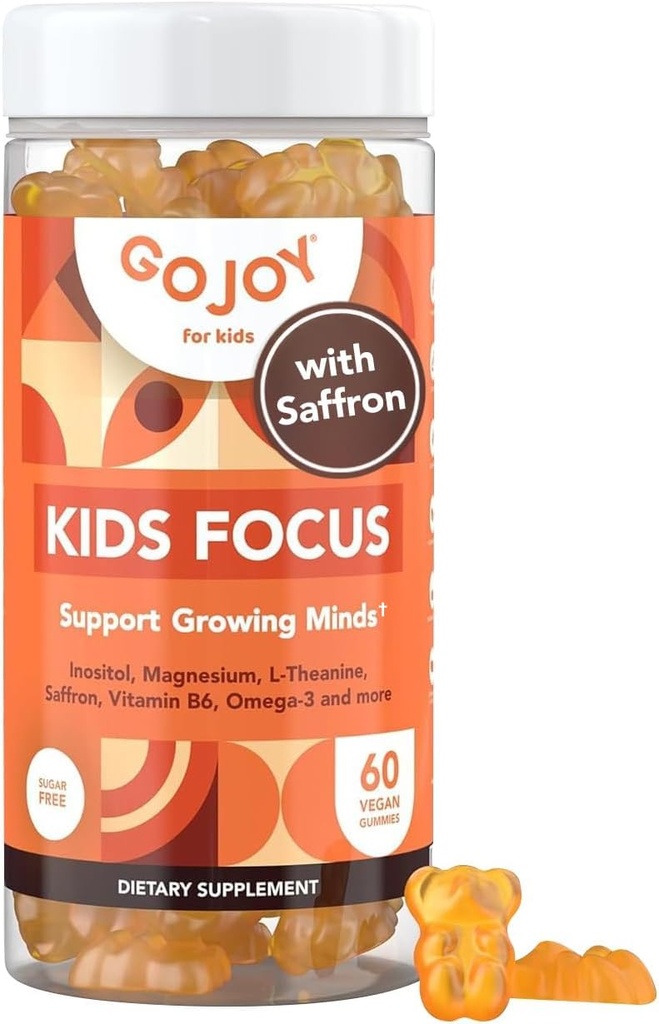 Děti Focus Gummies - 7-in-1 Focus & Attention Dodatek pro děti & Teens w / Saffron Extract, Magnesium Glycinát, L-Theanin, Inositol & More - Vegan, Gluten & Sugar- Free, Non-GMO