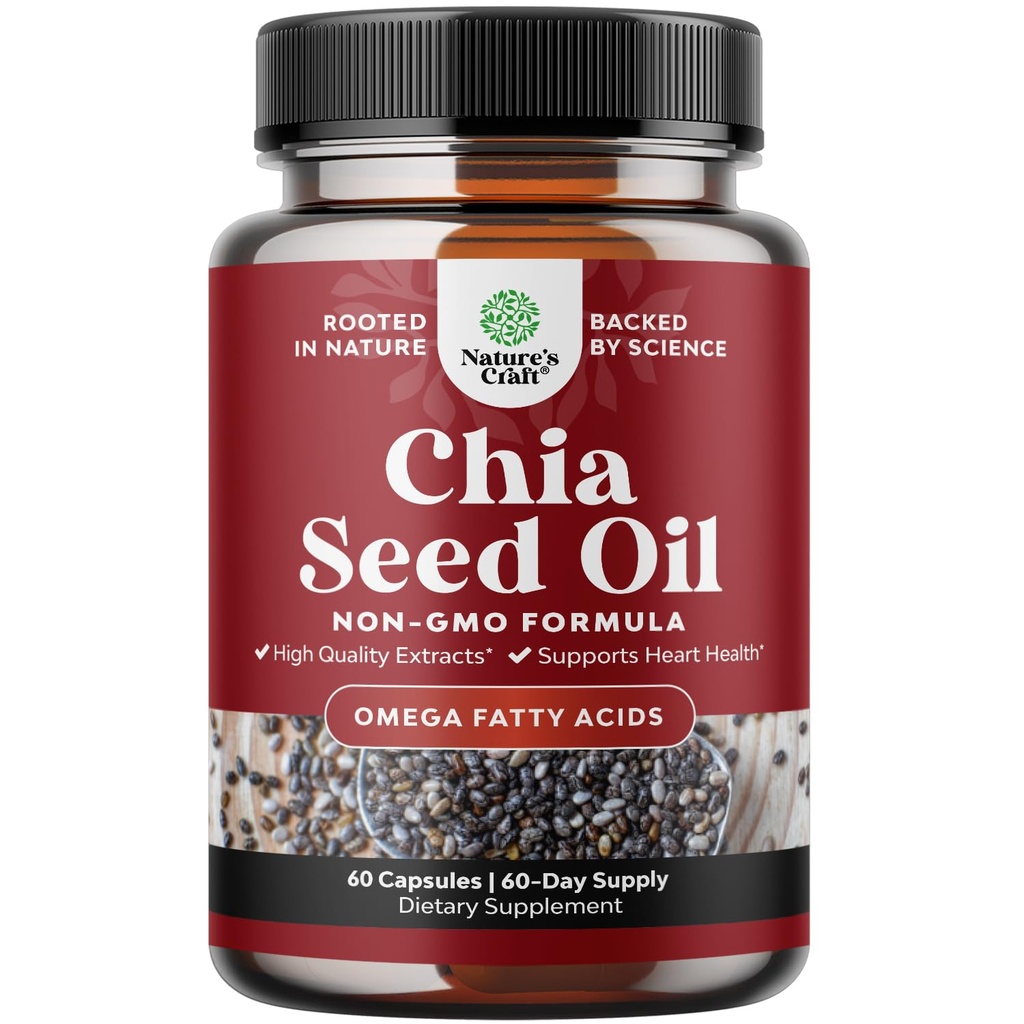 Chia Seed Oil Extract Kapsle - Omega 3 6 9 Přídavek na bázi rostlin a denní Fiber Kapsle pro dospělé Trávicí a imunitní podpora a zdraví srdce - Omega 3 Tučné kyseliny dodatek pro muže a ženy