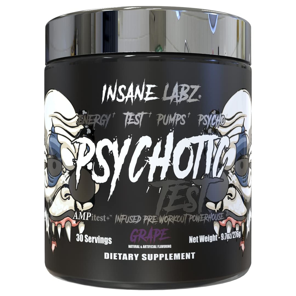 Šílený Labz Psychotický test, High Stim Testosteron Energy a čerpadlo posílení pre- cvičení prášek s DMAE Bitartrate, D aspartická kyselina, kreatin HCL a glycerol monostearát, 30 Služení, Grape