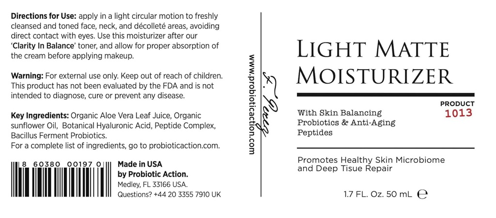 Probiotický Action ® Light Matte Moisturizer - Probiotický pomoci zabránit Acne, Rosacea, a Eczema. Probiotický a Peptid udržuje lesk, měkkost a těsnost čisté kůže.