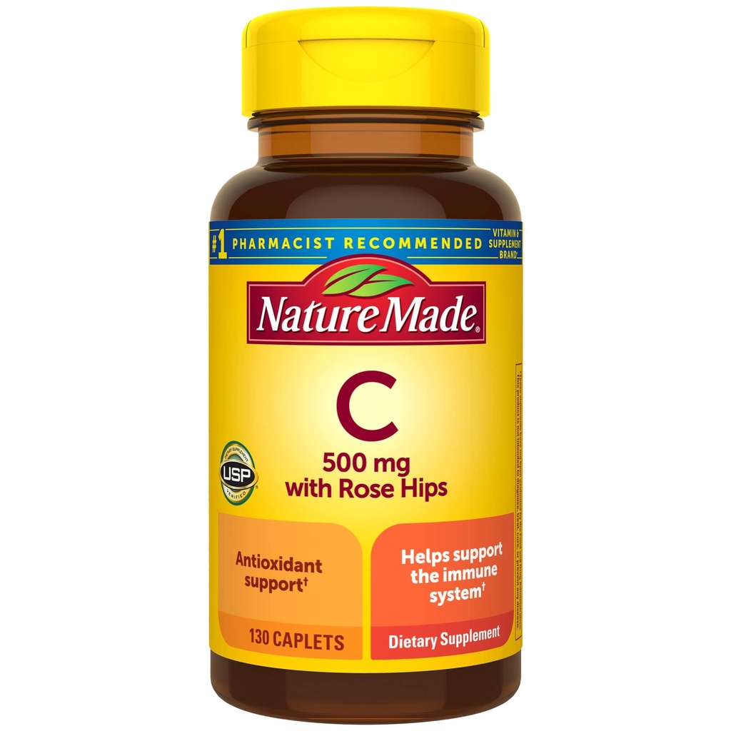 Nature Made Vitamin C 500 mg s Rose Hips, dodatek stravy pro imunitní podporu, 130 Kaplety, 130 denní zásobování