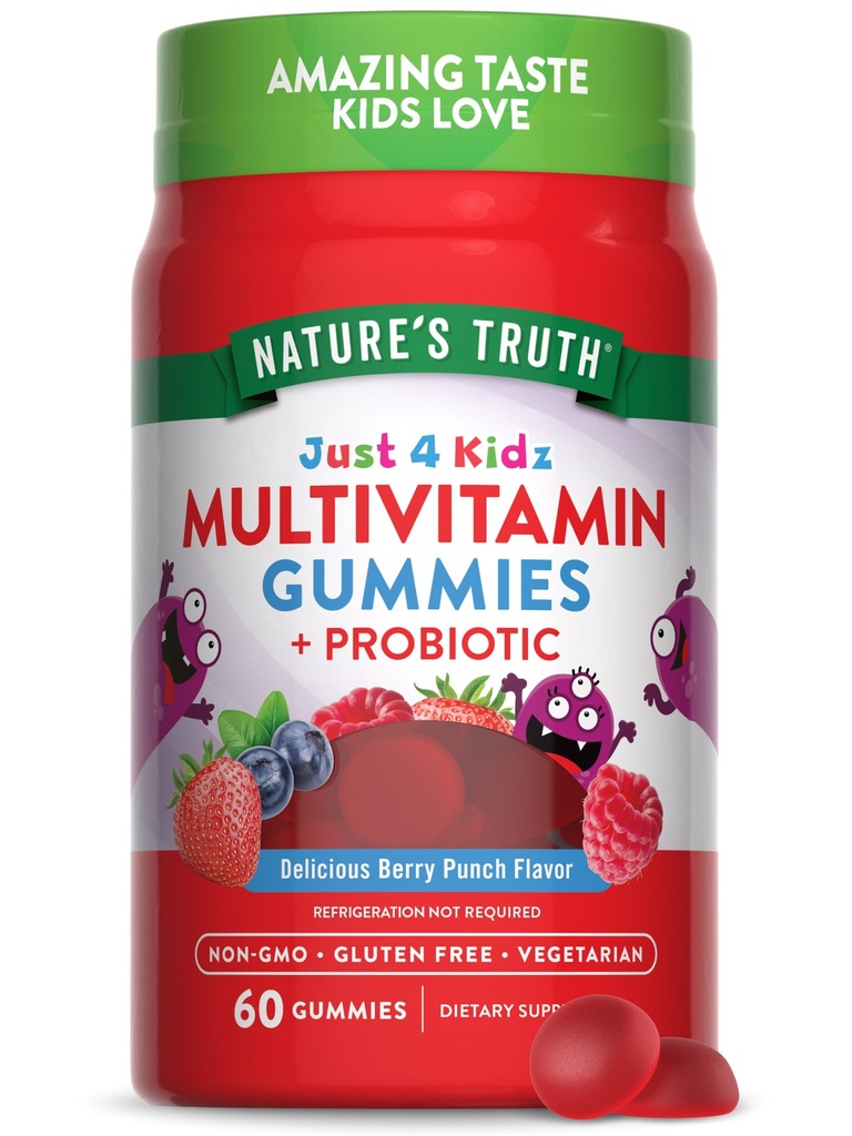 Nature 's Truth Kids Multivitamine Gummies with Probiotics CLAS124; 60 Count CLAS124; Berry Punch Flavor CLAS124; Vegetarian, Non-GMO, a gluten zdarma dodatek