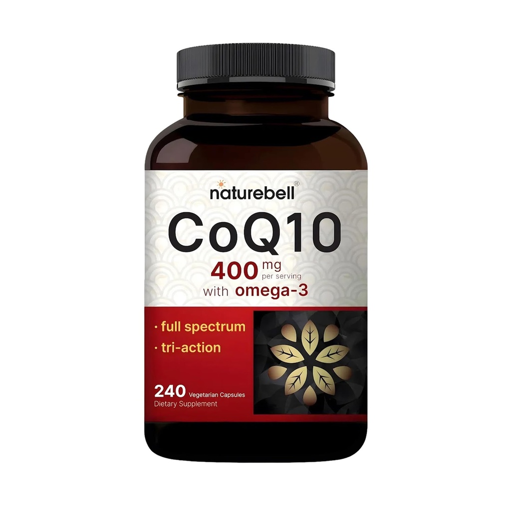 NatureBell CoQ10 400mg s Omega-3-240 Kapsle - Antioxidační doplněk pro podporu srdce a energie zdraví - Podporuje buněčnou energii * - Extra síla Coenzym Q10