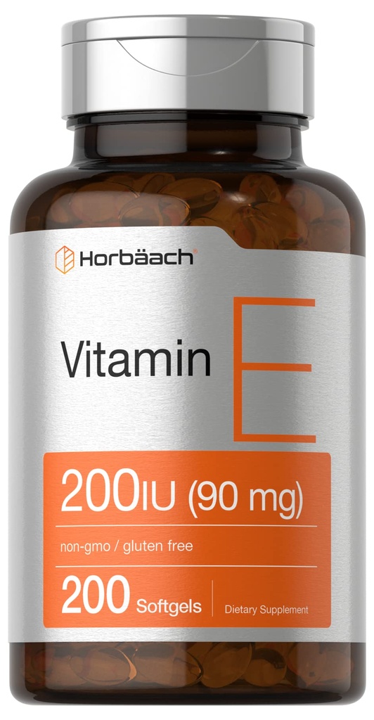 Horbäach Vitamin E Softgel Kapsle 200 IU i. v. 124; 90 mg Supplement IR 124; 200 Count IR 124; Non- GMO a gluten Free Formule