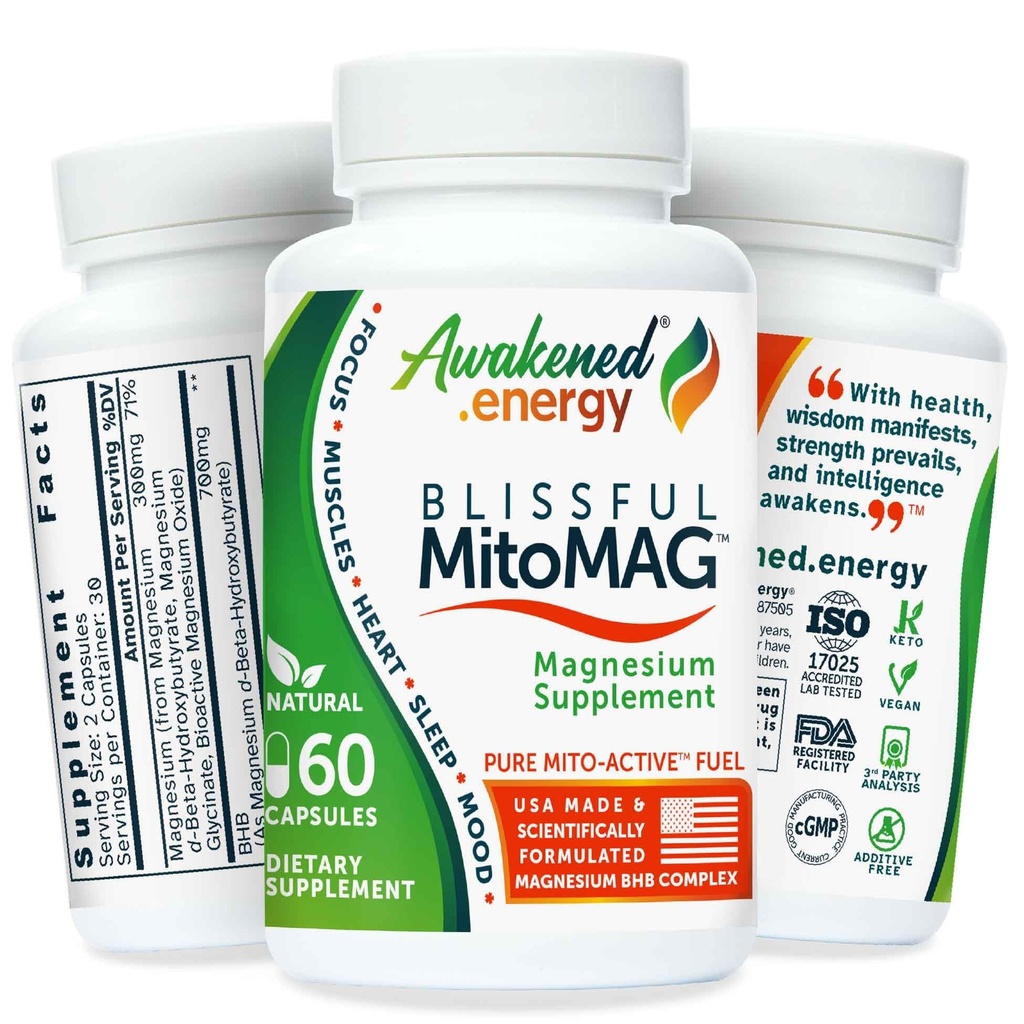 Blissful MitoMag - 300mg komplex elementárního hořčíku: Mg Glycinát, Mg BHB - Spící svalstvo Mood Energy Cognitive Focus Calm - All Natural, USA Made, No Additives - 60 Vegan Kapsle Dodatek
