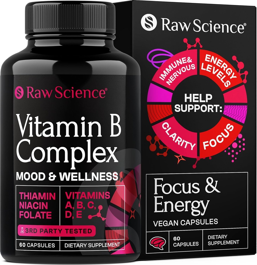 Komplexní kapsle vitaminu B - B Vitamíny: B1 B2 B3 B5 B6 B7 B9 B12, Biotin, kyselina listová, vitamín C pro energii a imunitní podporu dodatek, Super B-komplex pro ženy a muže nervový systém, 60 Kapsle