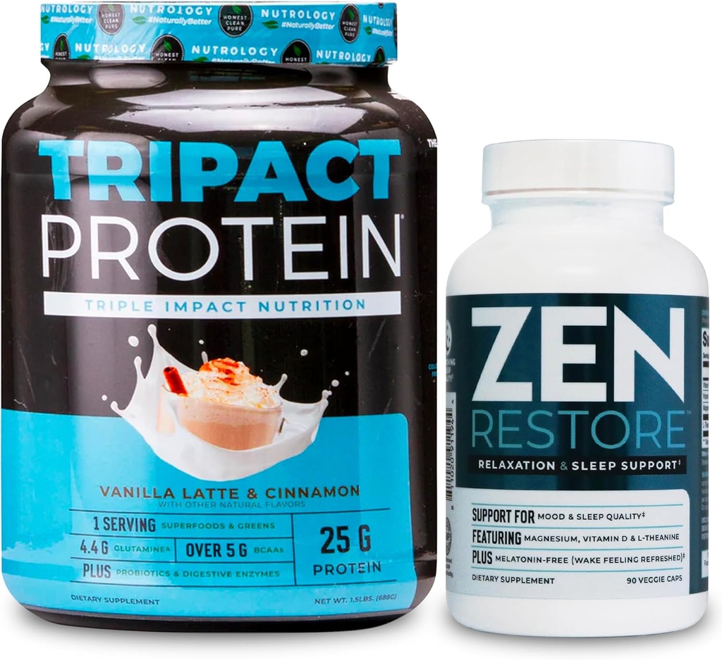 Nutrology TRIPACT Protein Powder, 7- in-1 Strava Náhradní Shake, Vanilla Latte Skořice Flavor (20 Doručování) Zen přírodní doplněk hořčíku (30 Doručování)