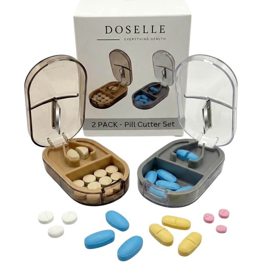 2PCS - Pill Cutter Splitter s Mini Pill Box - Pill Cutters pro malé nebo velké Pills Professional - 4 Way Pill Splitter 1 / 4 - Pill Splitter s Centry Device - Gray & Brown