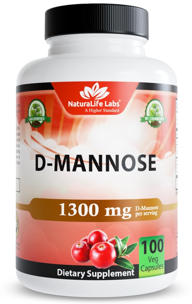NaturaLife Labs Organic D- Mannose 1300 mg s organickým Cranberry Extract 100 mg na porci - 100 Kapsle - Non- GMO, Gluten- Free, Vegan