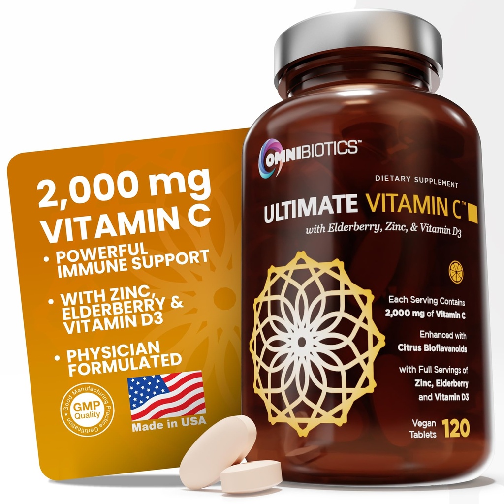 OmniBiotics Ultimate Vitamin C Dodatek 2000mg - se zinkem, Elderberry Extract, a D3 - Vysoká potence imunitní podpora & Collagen Booster - 120 Vegan Tablety