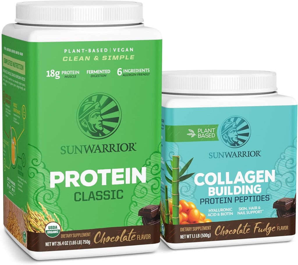 Sunwarter Classic Vegan Protein Powder 124; Plant- based 30 Servings, Chocolate & Collagen Building Powder Hyaluronic Acid Offid 124; 20 Servings, Chocolate Ochucené