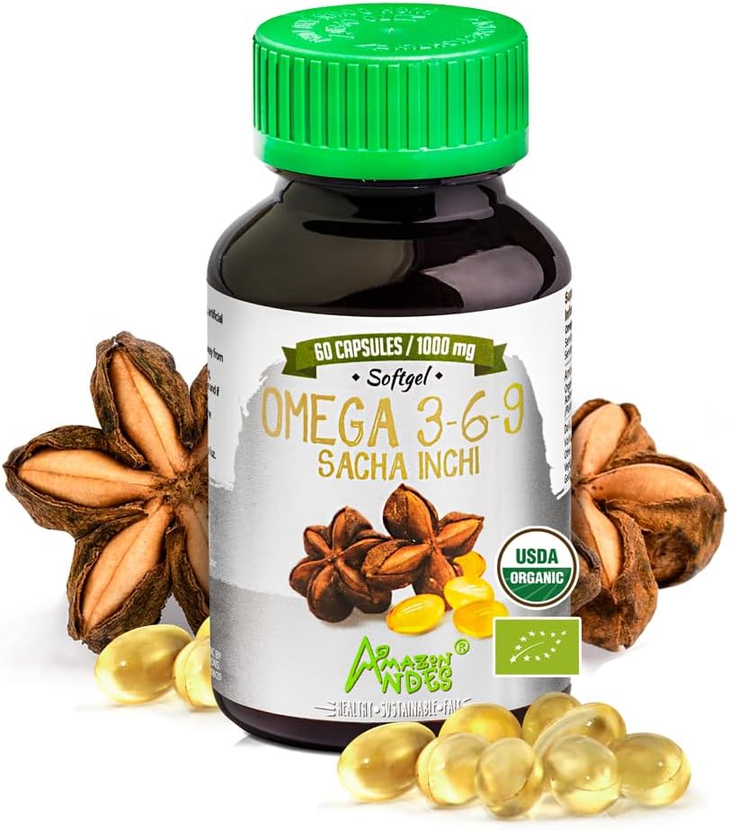 Andes Sacha Inchi Kapsle (Plukenetia Volubilis) - Zdroj Omega 3, 6, 9 s esenciálními mastnými kyselinami - Odorless & Sustainable sourcing - Brain Function Supporter - 60 Softgel pilulky (1000mg)