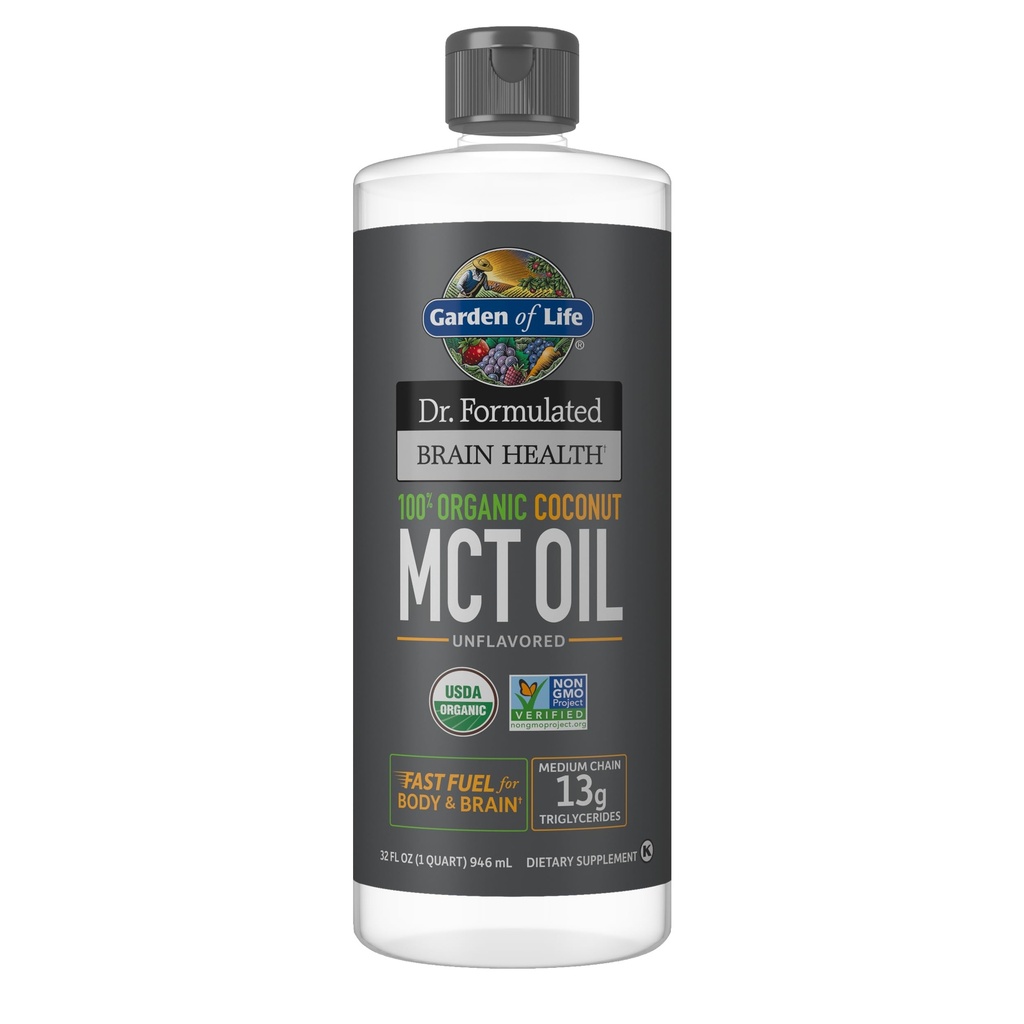 Zahrada života Dr. Perforovaný Brain Health 100% Organic Coconut MCT Oil 32 fl oz Neochucené, 13g MCTs, Tělo a mozek palivo, Certified Non- GMO Vegan & gluten Free, Hexane- Free