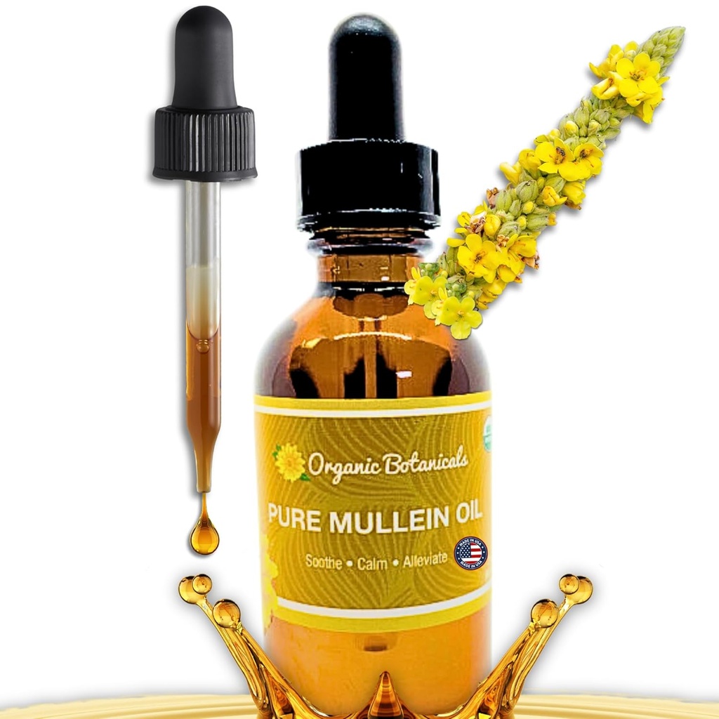 Pure Organic Mullein Oil - Organic Mullein Uar Oil Drops - Natural Ear Care Solution for Earches, Tinnitus, and Kids - Herbal Mullein Extract Liquid for Soothing Relief (2 oz)