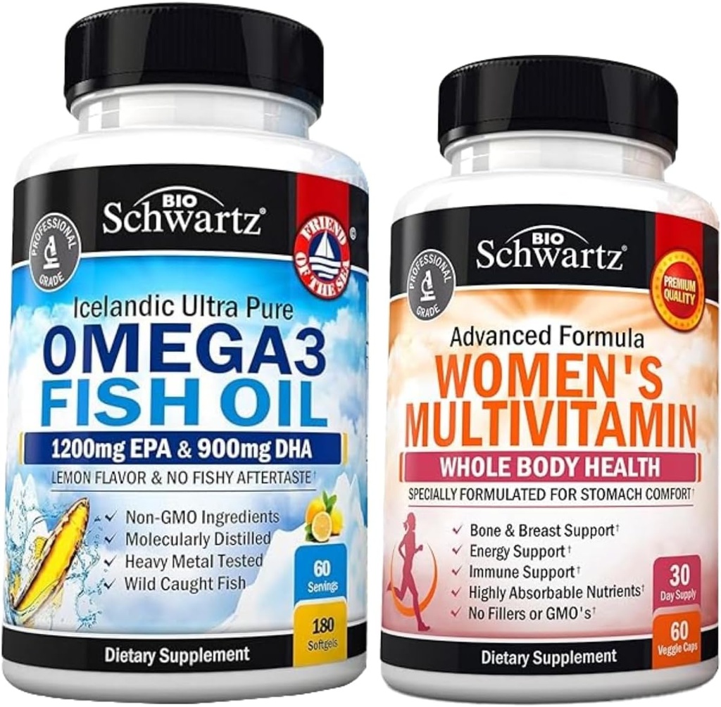 Denní Multivitamin pro ženy Kapsle (1 měsíční zásoba) Plus trojitá síla Omega 3 Fish Oil Softgels (2 měsíční zásoba)