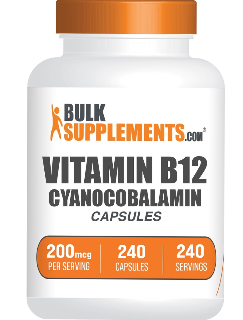 BulkSupplements.com Vitamin B12 Kapsle - jako kyanokobalamin, vitamin B dodatek, vitamin B12 200 mcg - Energetické vitaminy, gluten zdarma, 1 Kapsle per Serving, 240 Kapsle (Balení po 1)