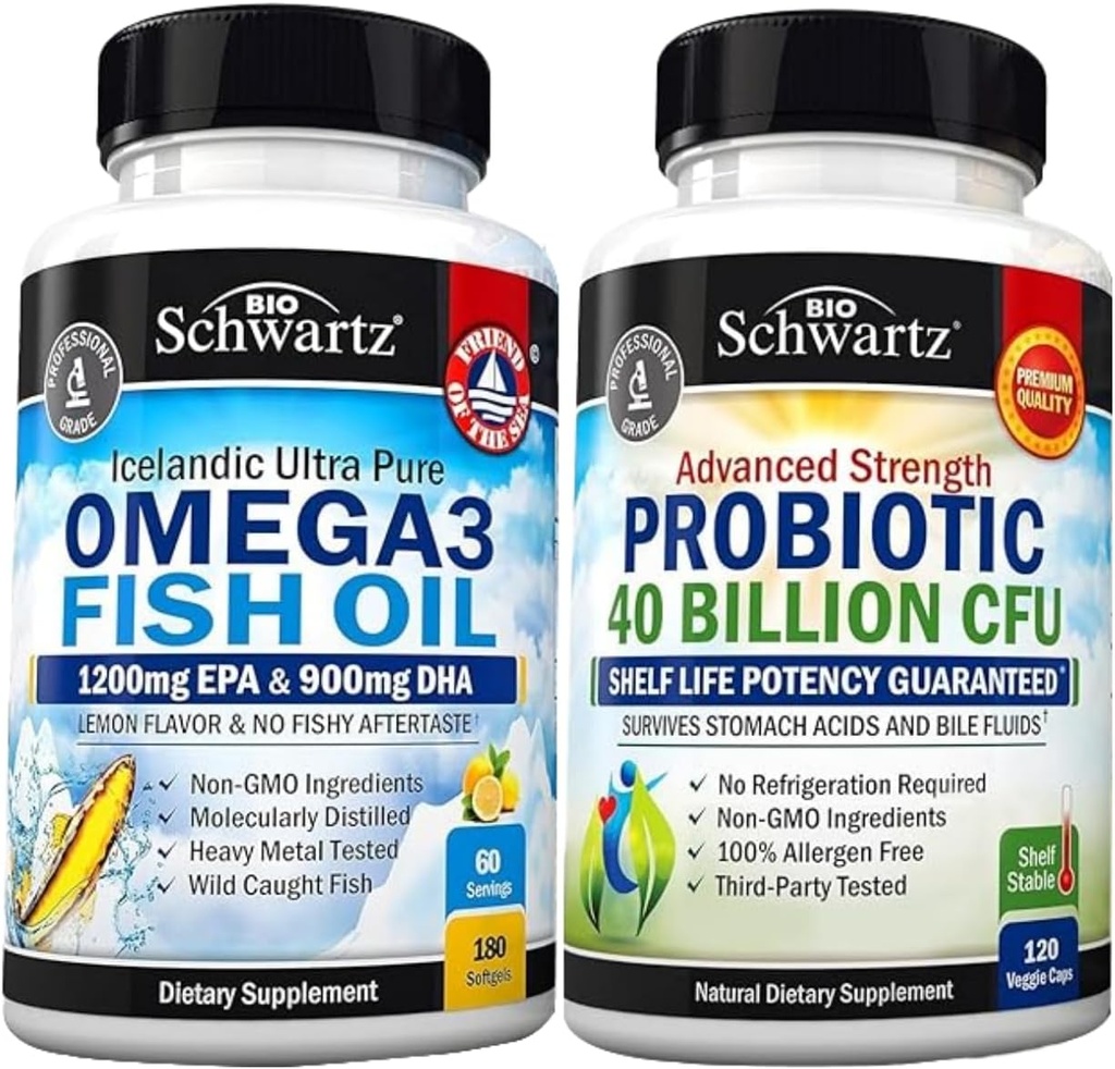 Trojitá síla Omega 3 Fish Oil Softgels (2 měsíční dodávka) Plus 40 miliard CFU denní doplněk probiotika (2 měsíční dodávka)