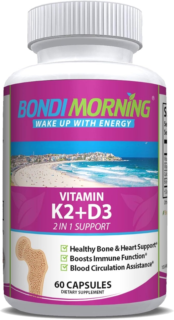Vitamin K2 + D3 Doplněk pro zdraví kostí a srdce - Vysoká potence 5000IU Vitamin D3 & 100mg Vitamin K2 (MK7) Kapsle pro optimální absorpci vápníku - 60 Vegan Kapsle