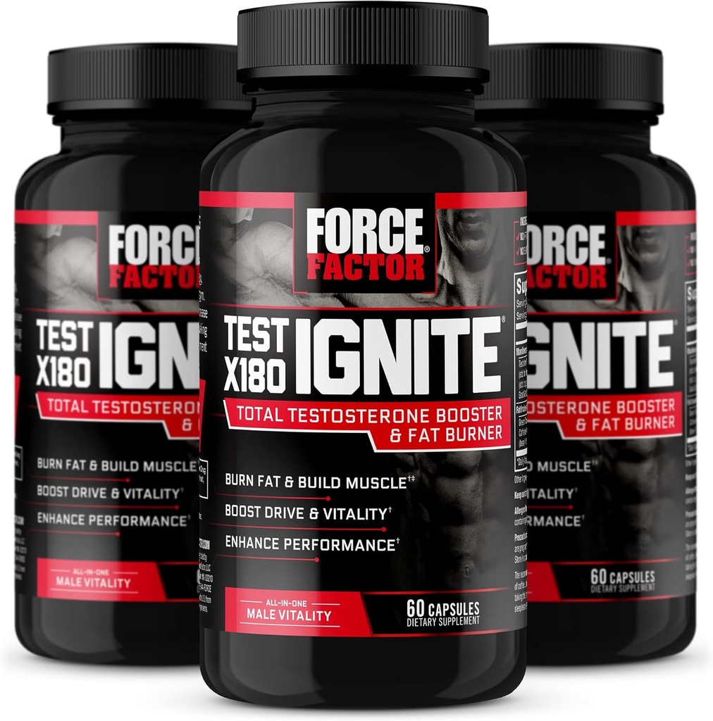 FORCE FACTOR Test X180 Ignite, Testosteron Booster & Fat Burner pro muže, Testosteron dodatek k pomoci vybudovat svaly, zvýšit energii, a zvýšit vitalitu a výkon, 60 Počet (balení 3)