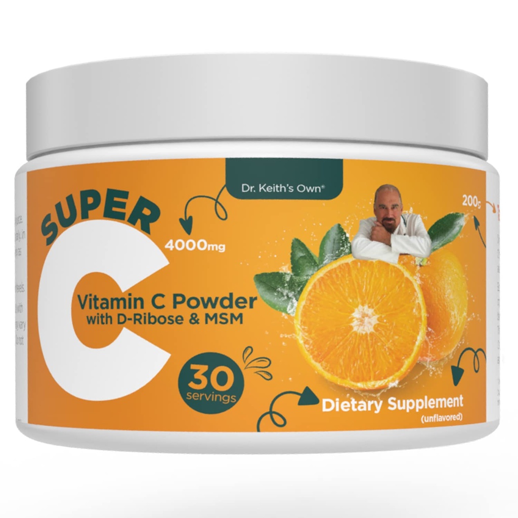 Dr. Keithovo vlastní super C- High Dose Powerded Vitamin C 4000mg s D- Ribose, Glycin, MSM- Vysoce Absorbovatelné, Stomach- Friendly, Kolagen Boost, Imunite Support- Unflaused, 200 Grams (30 Servings)