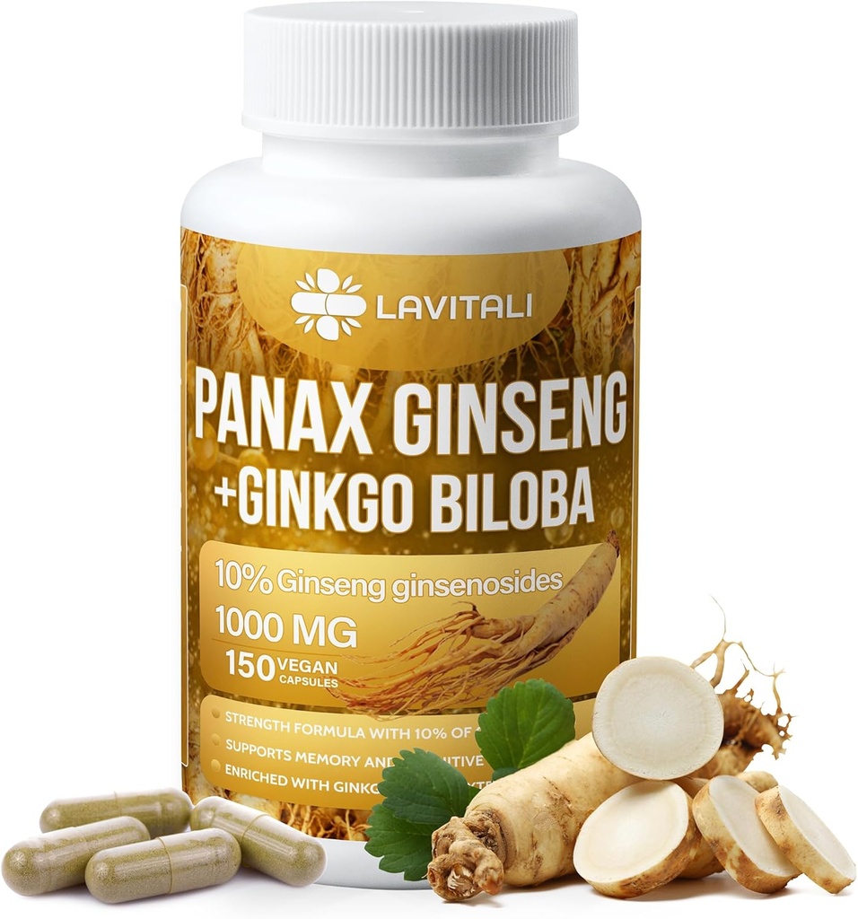 Ginkgo & Ginkgo Biloba 150 Veggie Kapsle, Energy Ginseng Root Extract Powder, s Ginkgo Biloba Extract, 100% přírodní & Non- GMO, Vegan, Gluten Free, Dairy Free