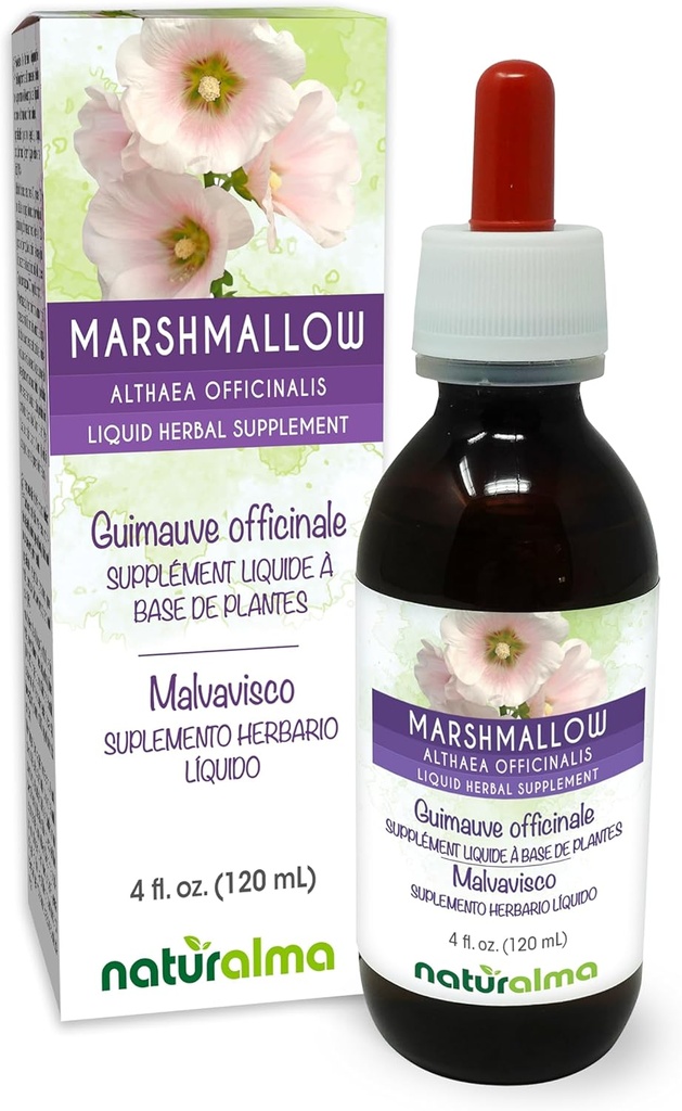 Naturalma Marshmallow (Althaea officinalis) Root Alcohol- Free tinktura - 4 fl oz Liquid Extract in Drops - Bylinný dodatek - Vegan
