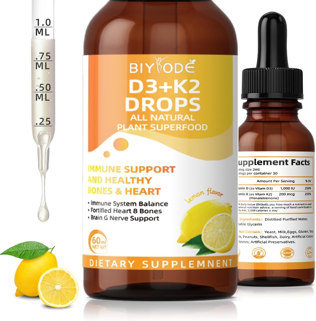 Vitamin D3 K2 Tekuté kapky - Lipozomální 1000 IU D3 & 200 mcg K2 MK-7 - Vysoká absorpce, imunitní, Kostní a srdeční podpora, Non- GMO, Lemon Flavor, 60 ml