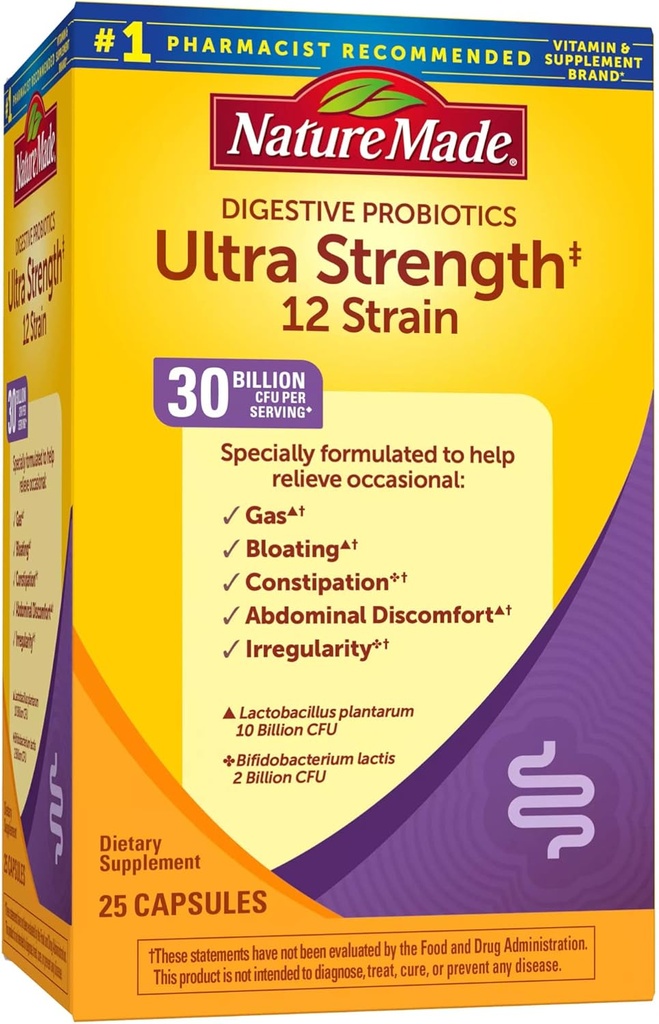 Nature Made Ultra Strength 12 Stravovací Probiotika, Probiotika pro ženy a muže, 25 Probiotických kapslí, 25 denní zásobování