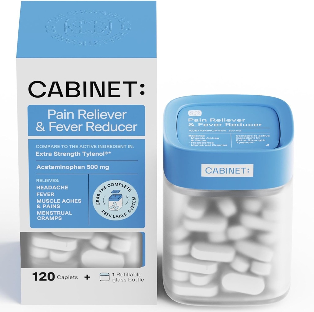 Kabinet: 500 mg Acetaminophen pro bolest hlavy Relief, Toothaches, Sore Throat, and Fever Reducer, includes 1 Refillable Medicine Jar, 120 Tablety (Starter Kit)