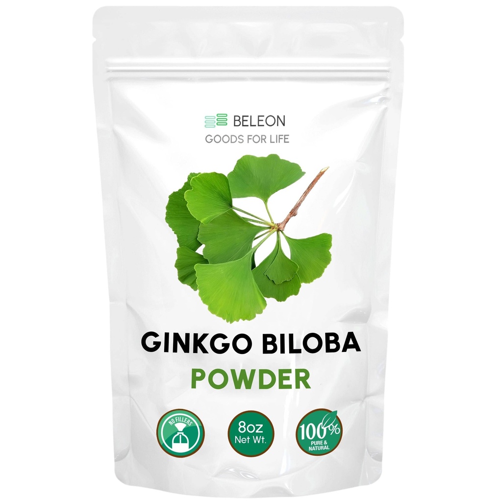 Ginkgo Biloba Powder 8 oz - čistý přírodní doplněk, mozková podpora, duševní bdělost, plnidlo zdarma