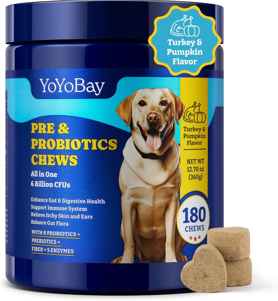 Probiotika pro psy - 6 miliard CFU, Psí probiotika s prebiotickými a stravitelnými enzymy pro Gut, imunitní a kožní zdraví - Turecko & dýně Flavor, 180 měkkých žvýkaček