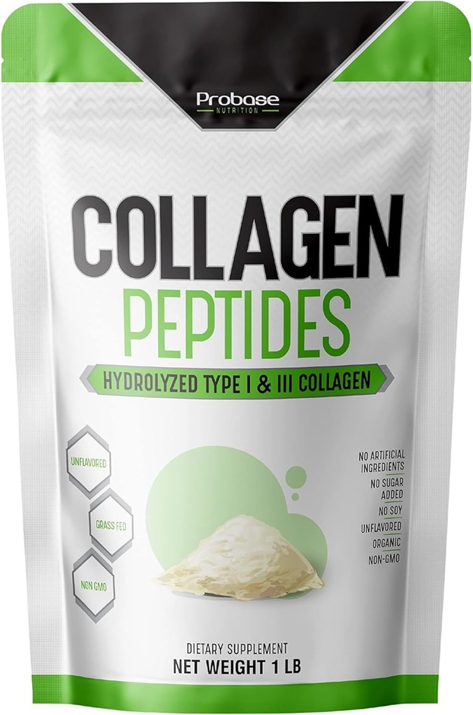 Probase Nutrition Kolagen Peptides Powder (typ I, III) pro kůži vlasy nehtový kloub, hydrolyzované pro lepší Collagen Absorpce, Non- GMO ověřené, Keto Friendly a gluten Free, bílá, 16 Oz