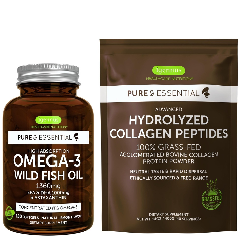 High Absorption Omega33 Wild Fish Oil 1360mg & Advanced Hydrolyzed Collagen Peptides Bundle, 1000mg EPA & DHA with Astaxanthin & 100% Grass Fed Bovine Collagen Protein Powder, by Igennus