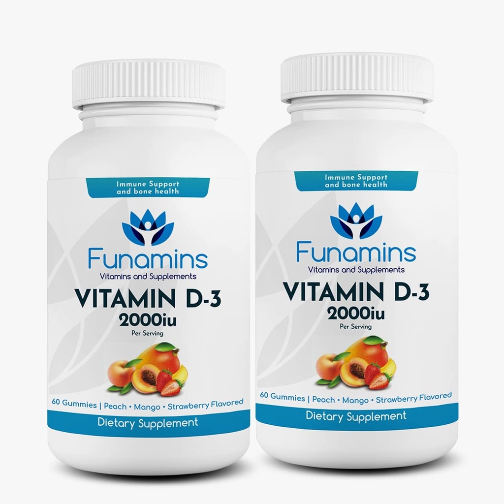 Vitamin D3 Gummies, 2- Pack, 60 Počet každý, 2000iu per Serving, Podporuje imunitní systém a zdraví kostí; pro děti a dospělé; Broskve, Mango, Jahodové ochucené