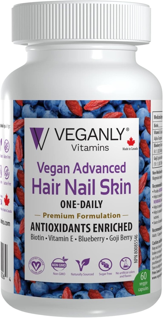 Vegan Advanced vlasy nehty kůže One- Daily, 60 Veggie Caps - Antioxidant obohacený. Zlepšit vlasy, zlepšit zdraví pokožky a nehtové zdraví - rostlin na základě Biotin & přírodní Superfood
