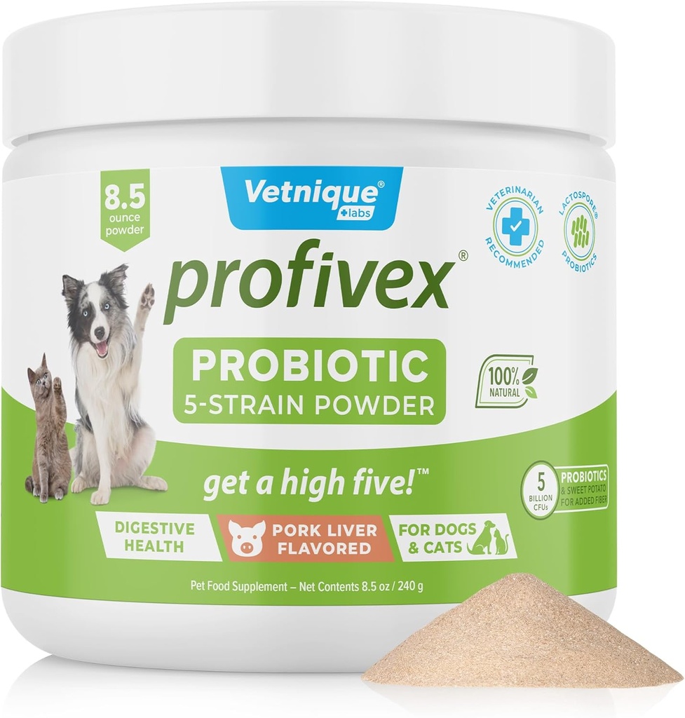 Vetnique Labs Profivex Probiotika pro psy Všechny přírodní psí žvýkání & Prášek pro stravitelné zdraví Probiotické doplňky pro psy 5 Straines of Probiotics & Prebiotics (Prášek, 8.5oz)